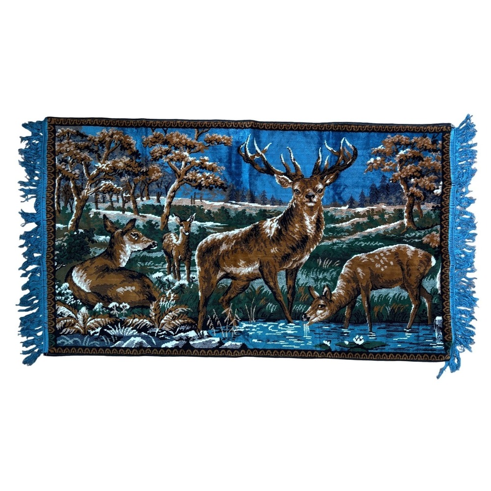 Vintage Woven Deer Tapestry Wall Hanging Forest Wildlife Rug Blue Fringe